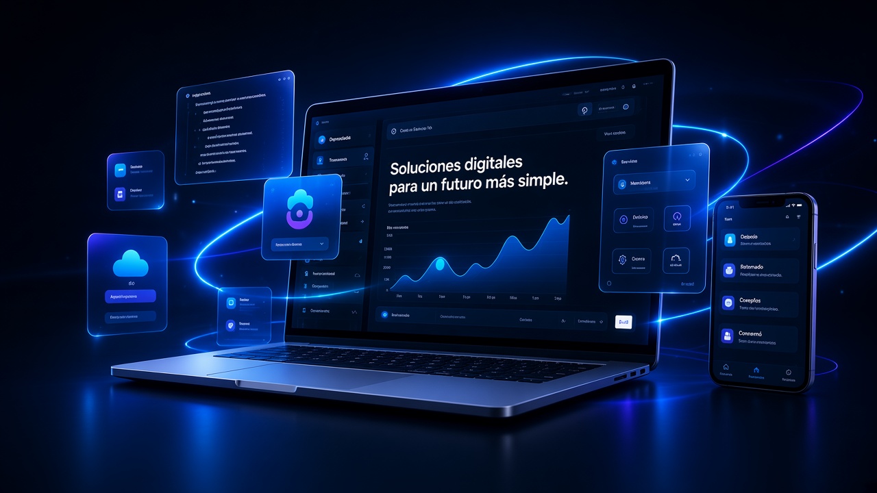Laptop con paneles flotantes y un teléfono, sobre un fondo azul